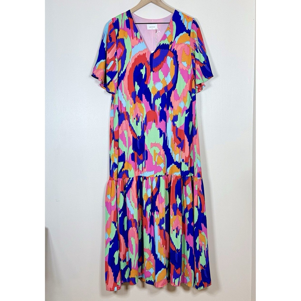 Adrienne Womens Palmer Maxi Dress S Multicolor Abstract V-Neck Flutter Sleeve